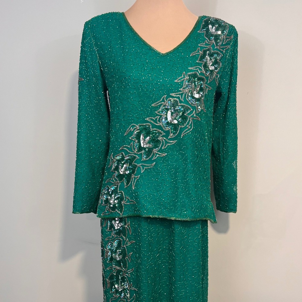 Linsiano Vintage Hand Beaded Emerald Green Formal Skirt Set Small